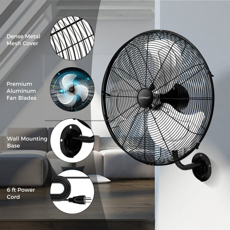 Ventilador de pared de 20 pulgadas con 3 velocidades y cabezal inclinable ajustable - Negro