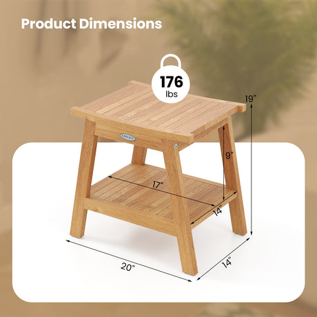 Banco de Ducha de Madera de Teca de 20 Pulgadas con Estante de Almacenamiento y Patas Ajustables