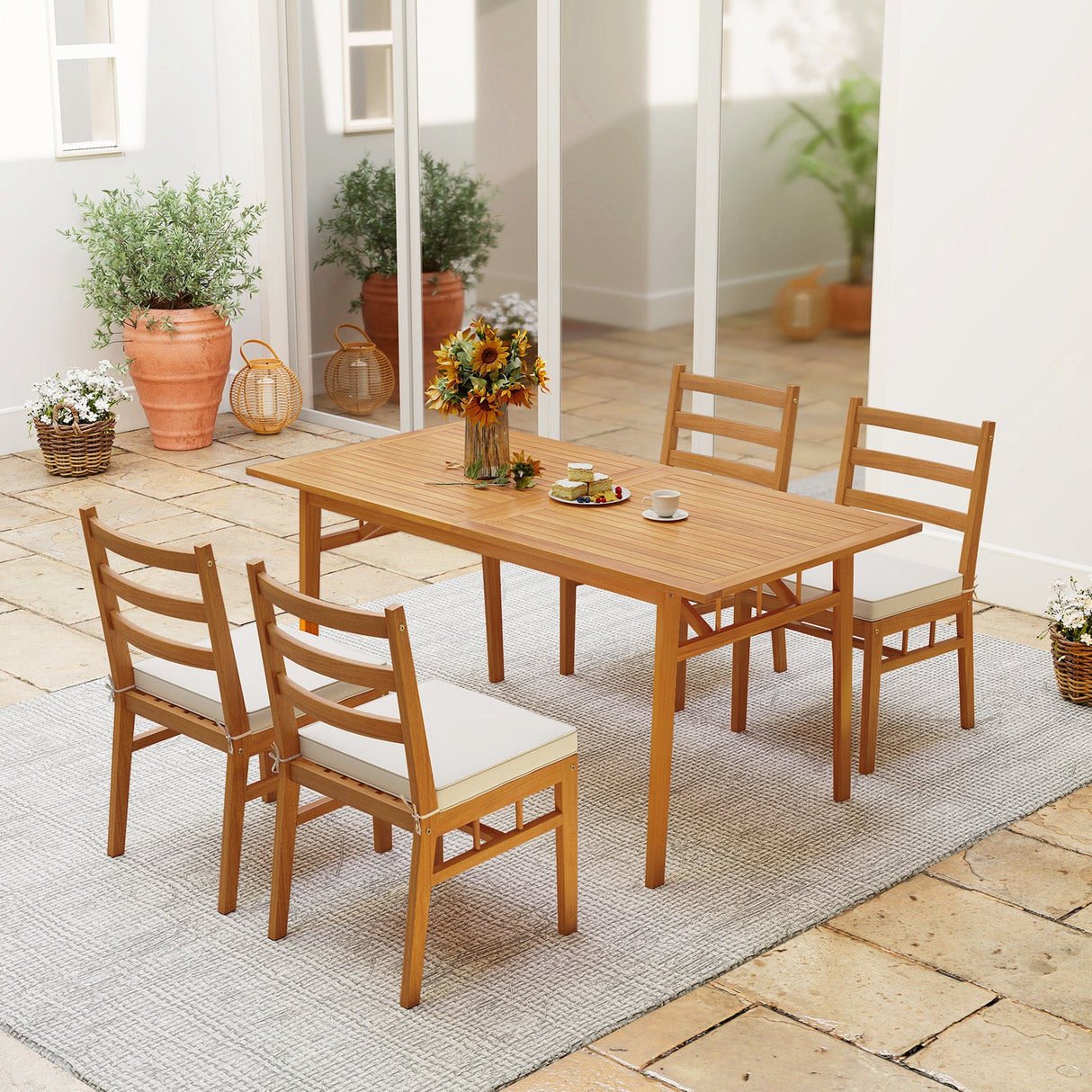 Juego de 4 sillas de comedor de madera para exterior con cojines acolchados - Blanco