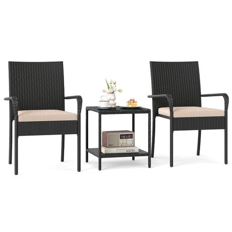 Juego de muebles de patio de 3 piezas con cojines de asiento y mesa con cubierta de vidrio templado