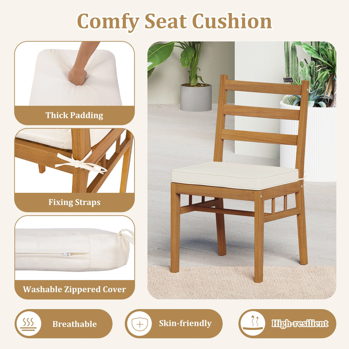 Juego de 4 sillas de comedor de madera para exterior con cojines acolchados - Blanco