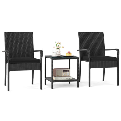 Juego de muebles de patio de 3 piezas con cojines de asiento y mesa con cubierta de vidrio templado