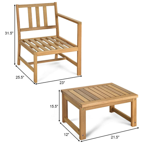 Sofá biplaza de madera de acacia 3 en 1 con mesa de centro separable