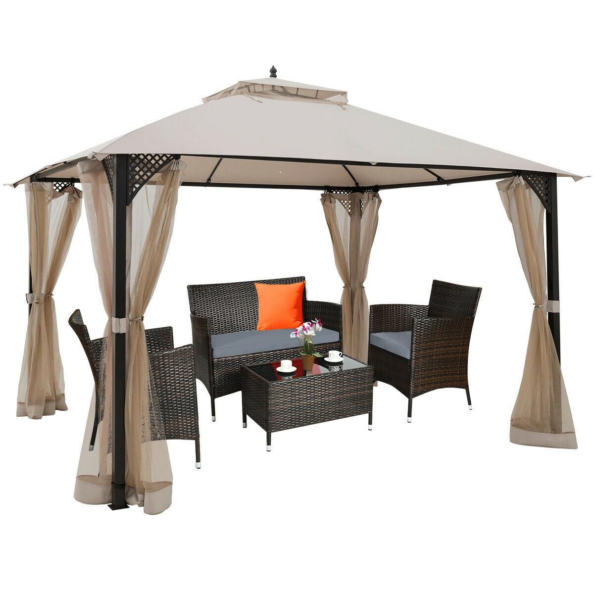 Cenador de patio con doble techo y mosquitero de 12 x 10 pies para exteriores - Marrón