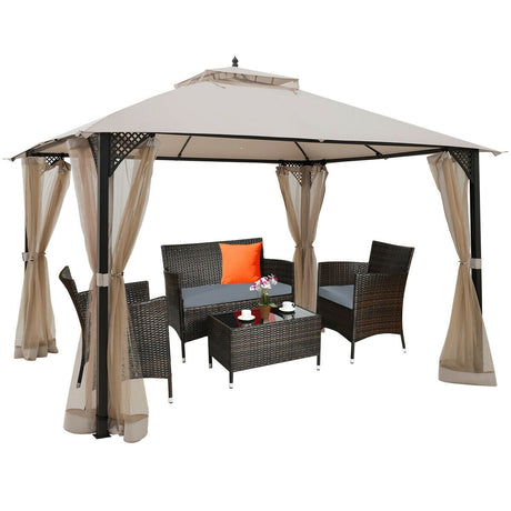 Cenador de patio con doble techo y mosquitero de 12 x 10 pies para exteriores - Marrón