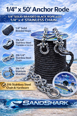 SandShark 50ft x 1/4in Solid Braid Anchor Line, 4ft Stainless Steel Anchor Chain, All in One line and Chain Bundle, Works with All Anchors and Boats.