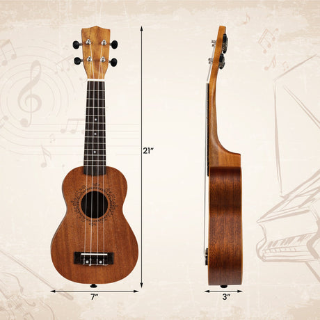 Ukelele Soprano de Caoba de 21 Pulgadas con Correa Ajustable