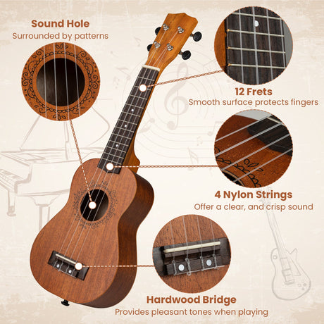 Ukelele Soprano de Caoba de 21 Pulgadas con Correa Ajustable