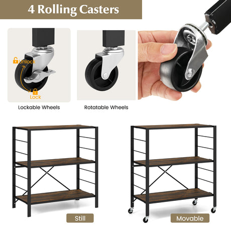 Estantería plegable de 3 niveles con ruedas desmontables y estantes ajustables