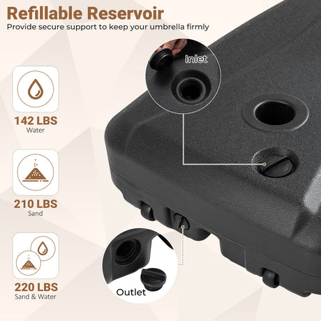 Base para sombrilla de patio voladiza de 220 libras con ruedas, rellenable, soporte para sombrilla lateral - Negro