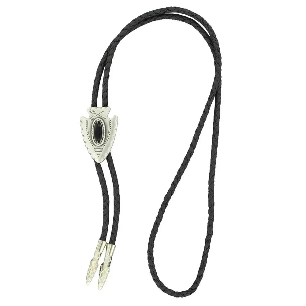 Bolo Tie de Doble S Punta de Flecha Plateada y Piedra Negra