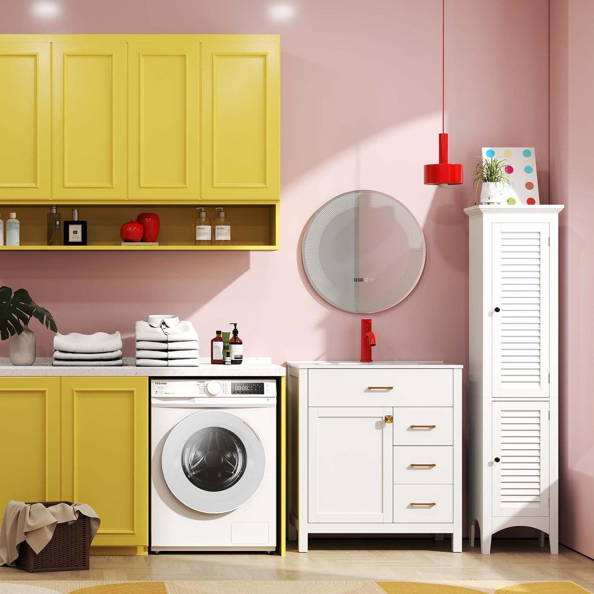 Paquete de 3 piezas para lavandería: Tocador de baño individual + Mueble alto de baño + Secadora de ropa compacta y portátil de 2.6 pies cúbicos