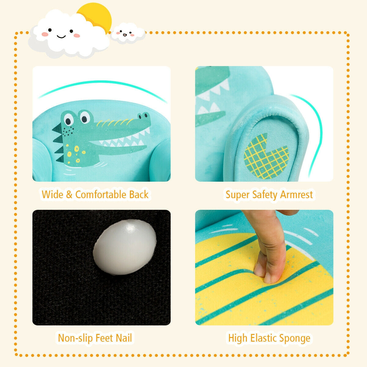 Sofá tapizado con reposabrazos de cocodrilo para niños