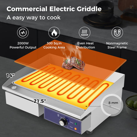 Plancha eléctrica de mostrador de 22 pulgadas, 2000W 110V, de acero inoxidable comercial, plateada