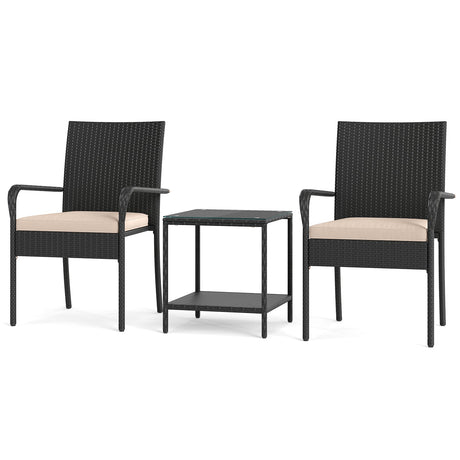 Juego de muebles de patio de 3 piezas con cojines de asiento y mesa con cubierta de vidrio templado