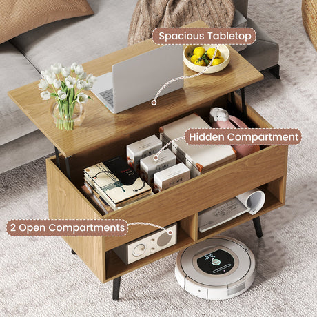 Mesa de centro elevable de 31.5 pulgadas con almacenamiento oculto y 2 estantes abiertos