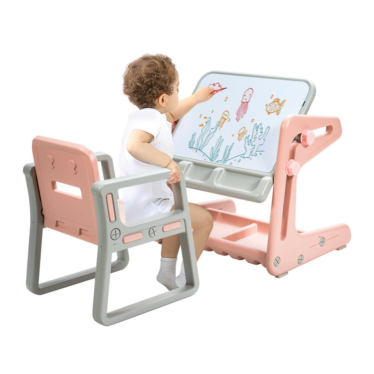 Set de mesa y silla para niños 2 en 1 con caballete y tablero de pintura artística ajustable