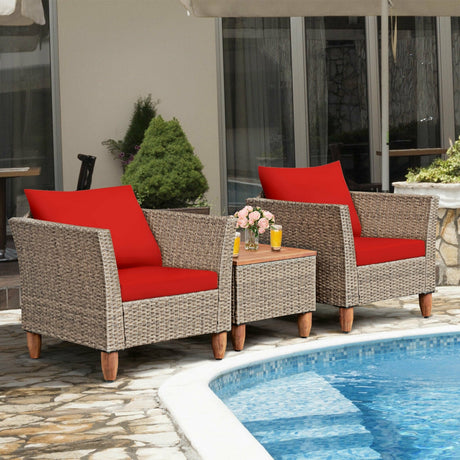 Juego de muebles de patio de ratán de 3 piezas con cojines lavables para jardín o porche