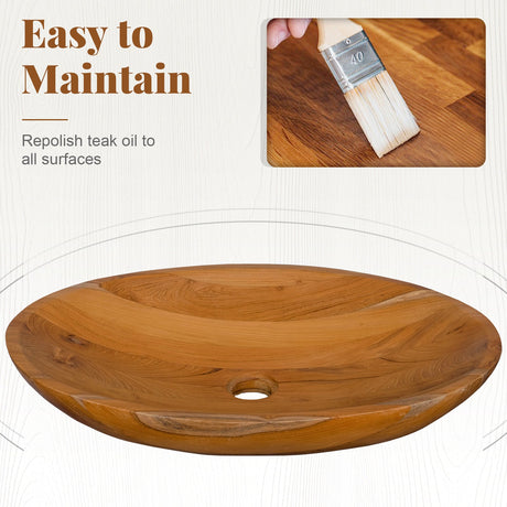 Lavabo de madera de teca de 23.5 pulgadas x 16 pulgadas con orificio de drenaje
