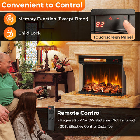 Chimenea eléctrica de 23 pulgadas de 3 lados de 1500W empotrada - Negra