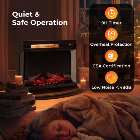 Chimenea eléctrica de 23 pulgadas de 3 lados de 1500W empotrada - Negra