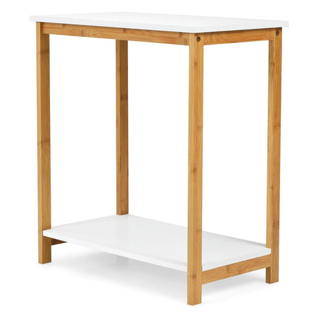 Mesa auxiliar de 2 niveles de 23 pulgadas de alto con estructura de bambú y estante inferior-Blanco