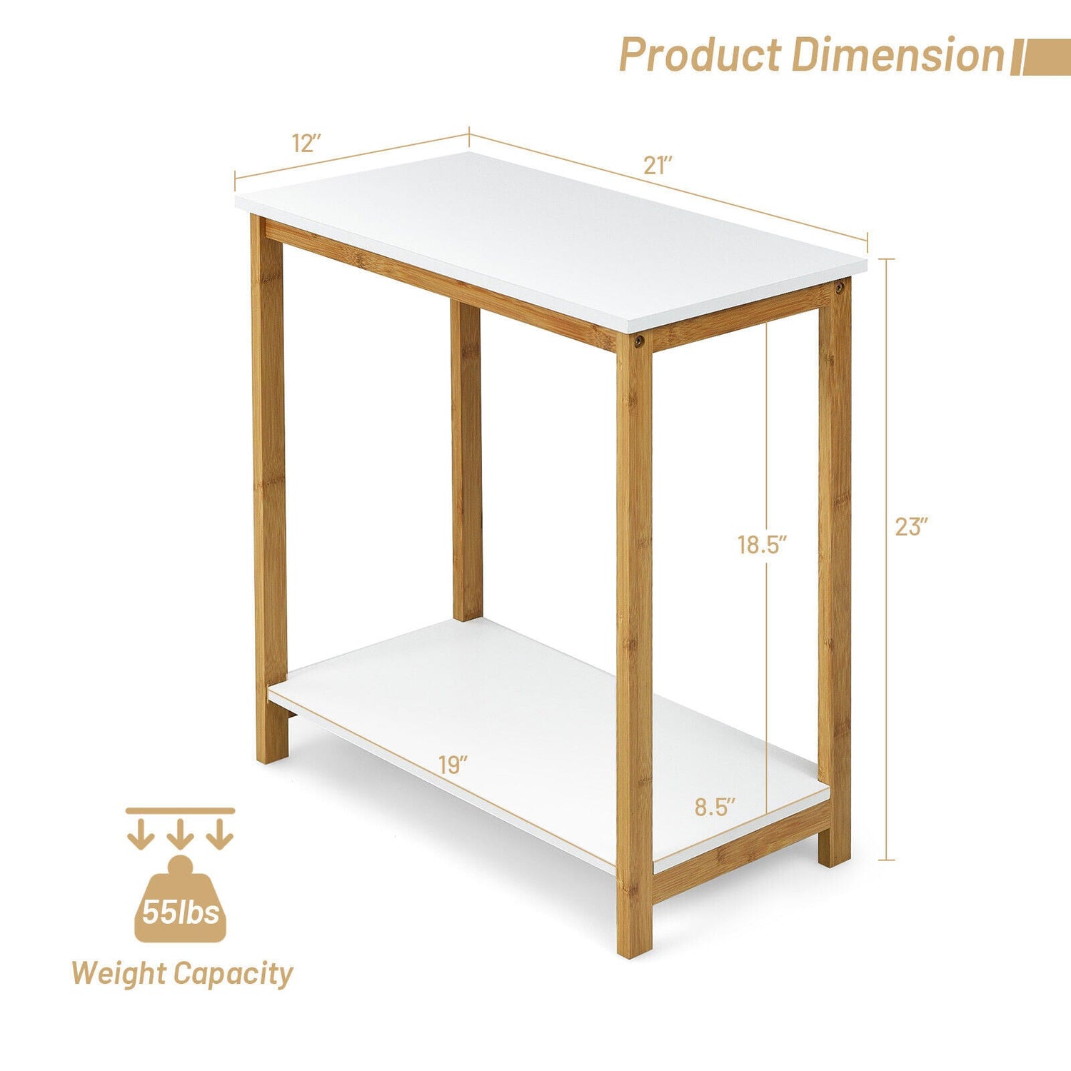 23 Inch Height 2-tier End Table with Bamboo Frame and Bottom Shelf-White