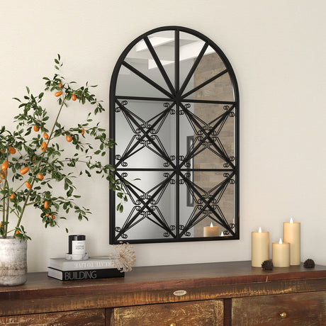 Espejo de ventana arqueado de 23 x 34 pulgadas con marco de metal para sala de estar - Negro