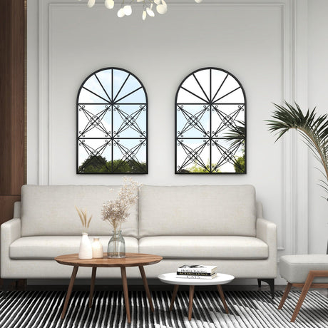 Espejo de ventana arqueado de 23 x 34 pulgadas con marco de metal para sala de estar - Negro