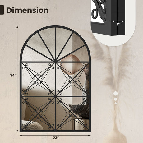 Espejo de ventana arqueado de 23 x 34 pulgadas con marco de metal para sala de estar - Negro