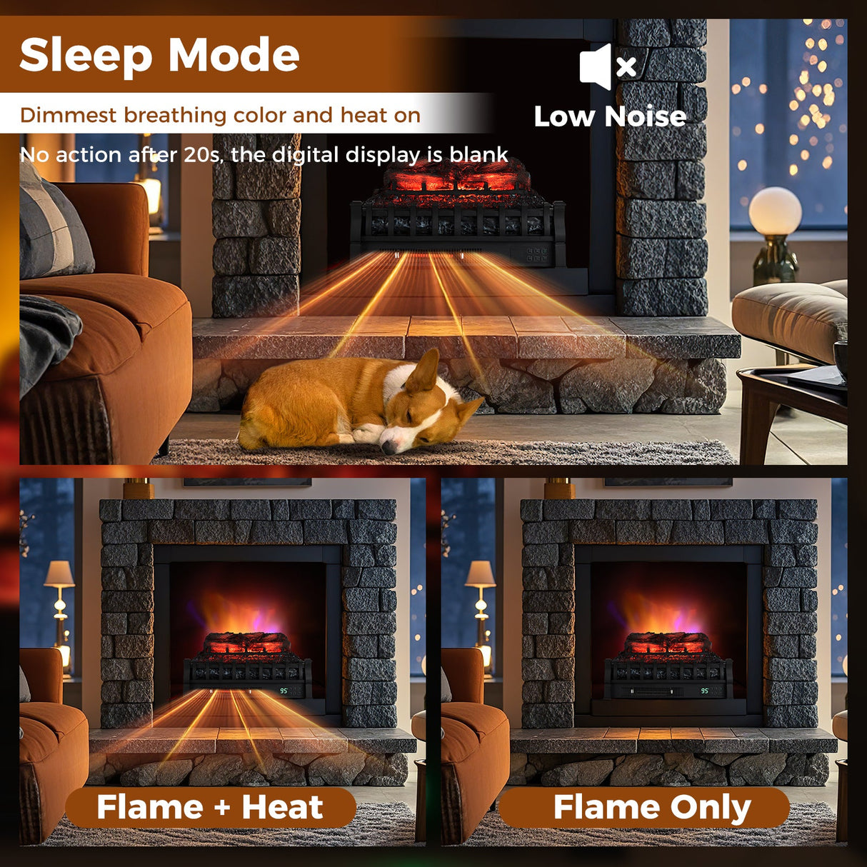 23 Inch Infrared Quartz Electric Fireplace Pinewood Log Heater with Adjustable Flame-Black