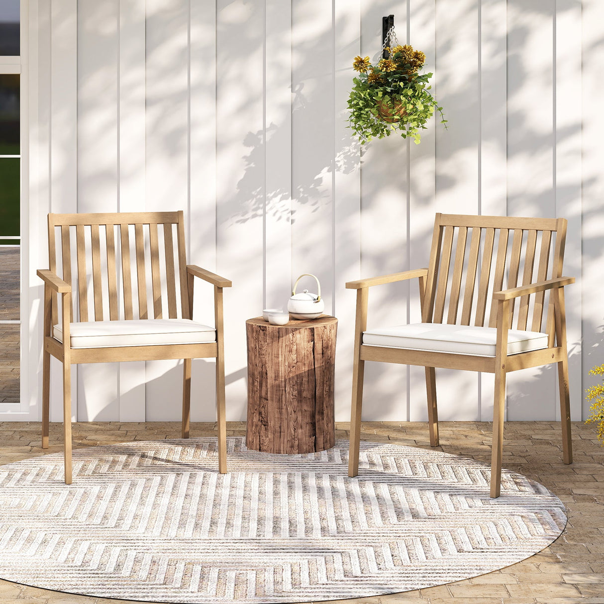 2 Sillas de comedor de patio Sillas de exterior de madera de acacia con cojín acolchado extraíble
