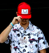 “Red Lightning Wes” 5-Panel Trucker Hat – Retro Western Mesh Back | Original Westrek Logo Cap | Red & White Snapback