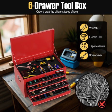 Caja de herramientas de 24 pulgadas con 6 cajones y compartimento superior para garaje, taller de reparación y almacén