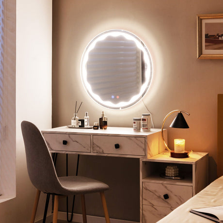 Espejo de pared redondo de 24 pulgadas con luces LED de 3 colores y botón táctil inteligente