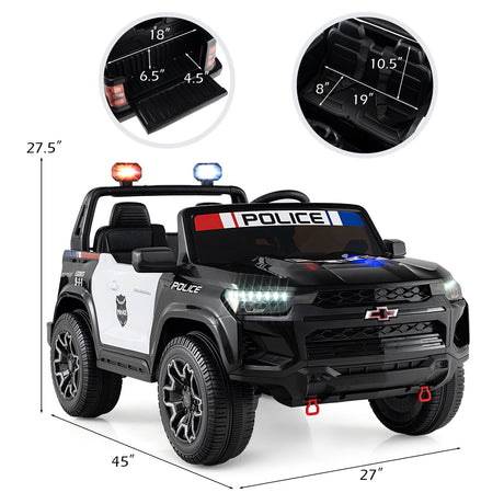 Coche de policía Chevrolet de 24 V y 2 plazas con tracción 4x4, megáfono y luces LED intermitentes - Negro