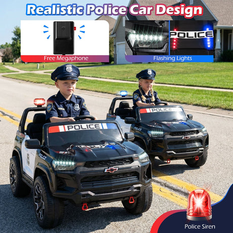 Coche de policía Chevrolet de 24 V y 2 plazas con tracción 4x4, megáfono y luces LED intermitentes - Negro
