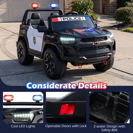 Coche de policía Chevrolet de 24 V y 2 plazas con tracción 4x4, megáfono y luces LED intermitentes - Negro