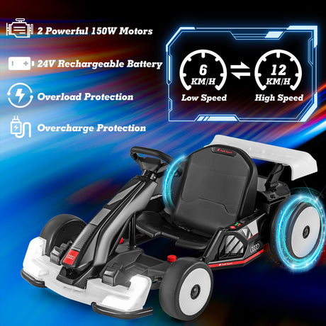 Go Kart Audi con licencia 24 V para niños, ajustable, para montar, juguete de carreras con bocina - Blanco y negro
