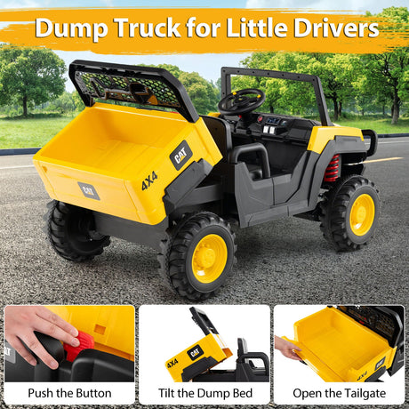 Coche para niños Caterpillar con licencia de 24 V, camión volquete montable, 2 plazas, con control remoto - Amarillo