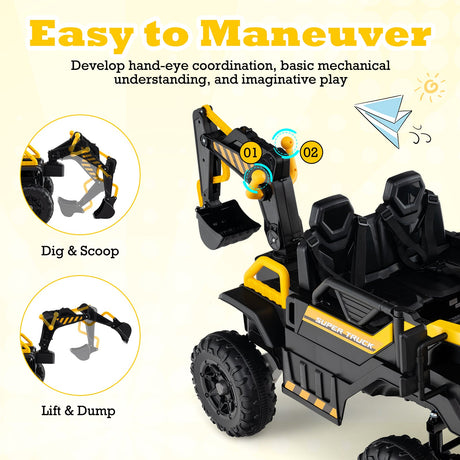 Excavadora Montable 24V 4WD Biplaza con Control Remoto y Brazo Excavador-Amarillo