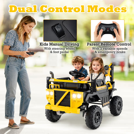Excavadora Montable 24V 4WD Biplaza con Control Remoto y Brazo Excavador-Amarillo
