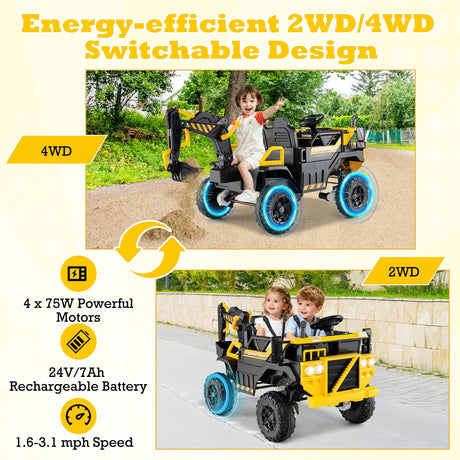 Excavadora Montable 24V 4WD Biplaza con Control Remoto y Brazo Excavador-Amarillo