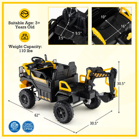 Excavadora Montable 24V 4WD Biplaza con Control Remoto y Brazo Excavador-Amarillo
