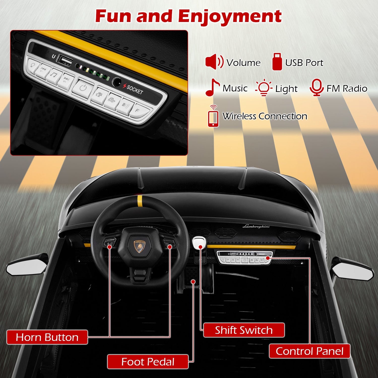 24V Ride-on Car for Kids 4WD 2-Seater Licensed Lamborghini Electric Vehicles with Music