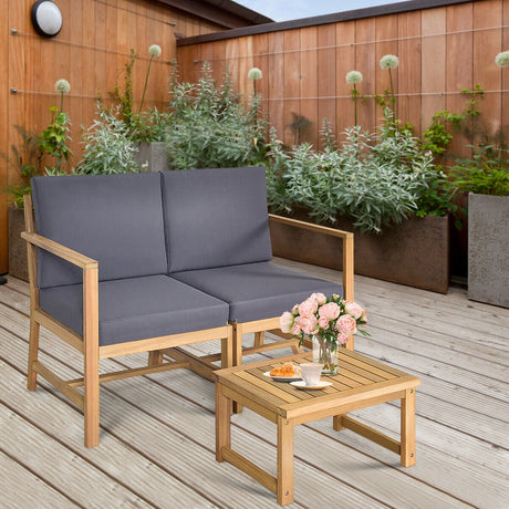 Sofá biplaza de madera de acacia 3 en 1 con mesa de centro separable