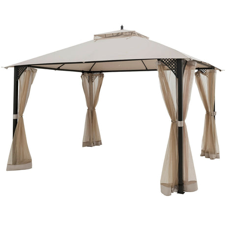 Cenador de patio con doble techo y mosquitero de 12 x 10 pies para exteriores - Marrón