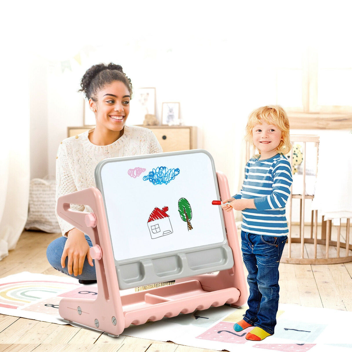 Set de mesa y silla para niños 2 en 1 con caballete y tablero de pintura artística ajustable