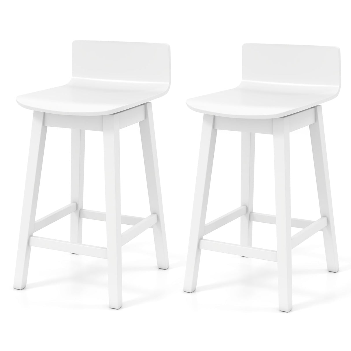 Taburetes de bar giratorios de madera de 24,5 pulgadas, juego de 2 con patas de madera de caucho y respaldo bajo