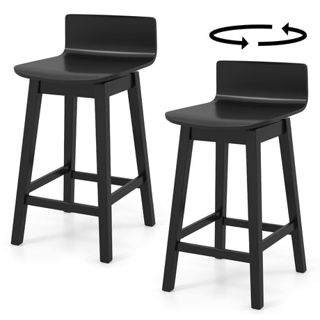 Taburetes de bar giratorios de madera de 24,5 pulgadas, juego de 2 con patas de madera de caucho y respaldo bajo